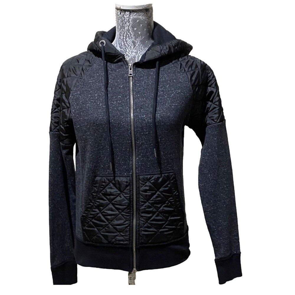 Aeropostale Womens XS Quilted Hoodie Jacket Gray Black Full Zip Athleisure Coat